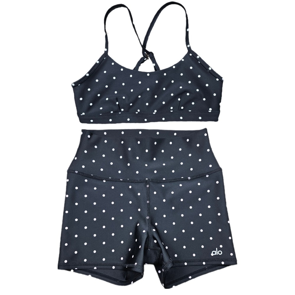 Alo Yoga Black & White Polka Dot Set Sz M Airlift Shorts HR + Intrigue Bra EUC